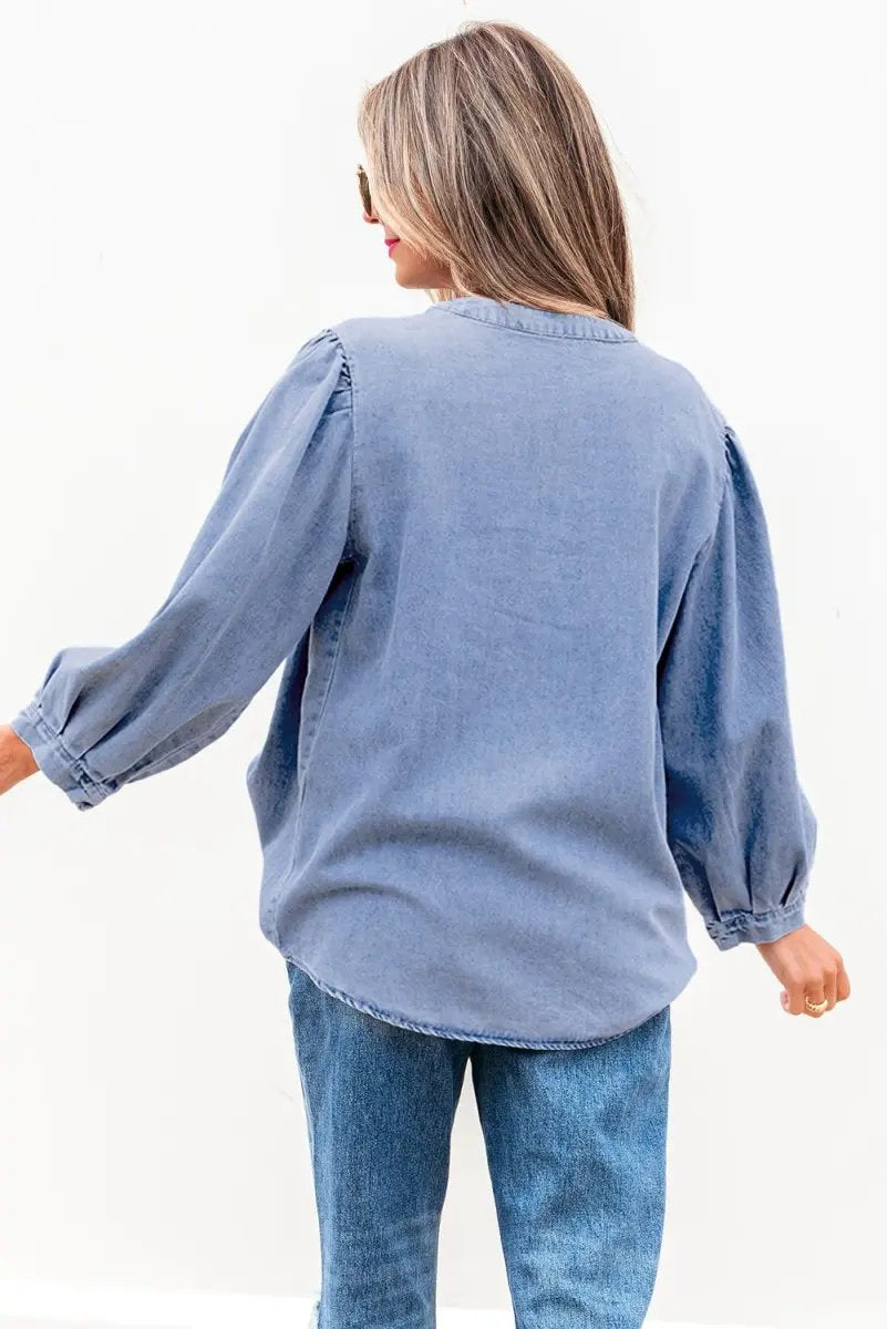 Myosotis Denim Front Pintuck Bow Tie Puff Sleeve Top - Love Salve